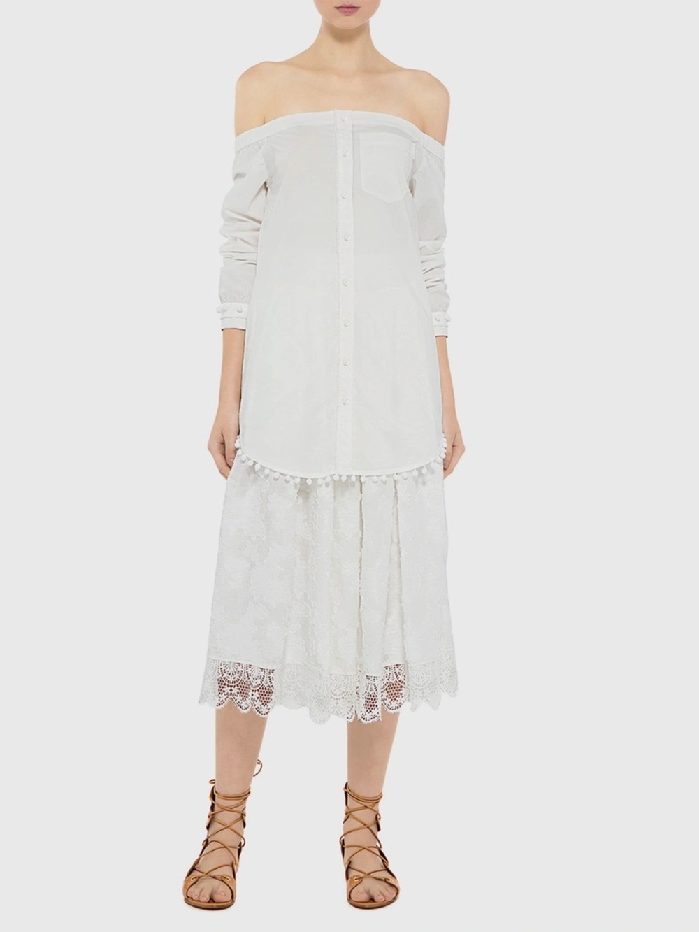 DEREK LAM 10 CROSBY Off-the-Shoulder Pom-Pom Tunic Shirt